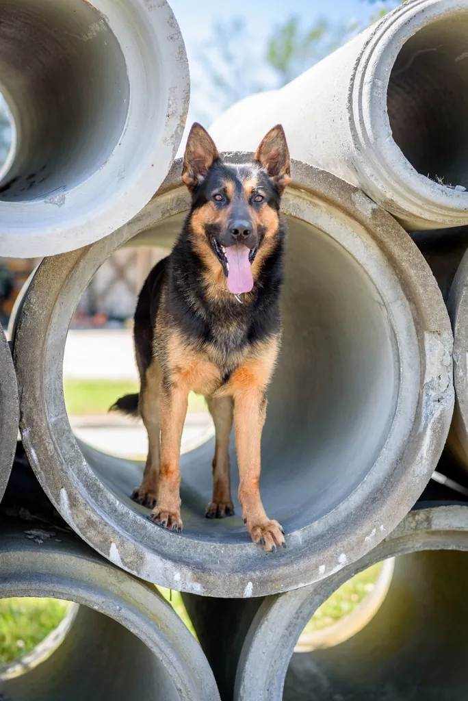 German Shepherd security dog on a construction site
